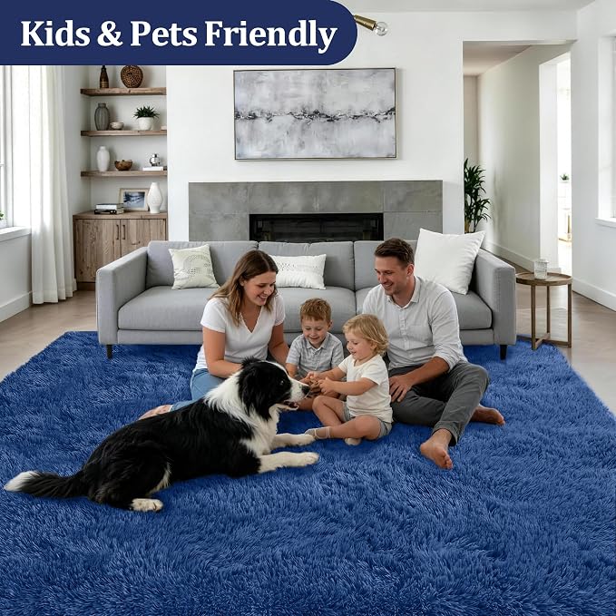 Fluffy 5x7 Area Rugs for Living Room Bedroom: Ultra Soft Shag Rug Non-Slip Non-Shedding Small Plush Bedside Rug Indoor Floor Carpets for Kids Room Playroom Entryway Nursery Dorms Home Decor Blue