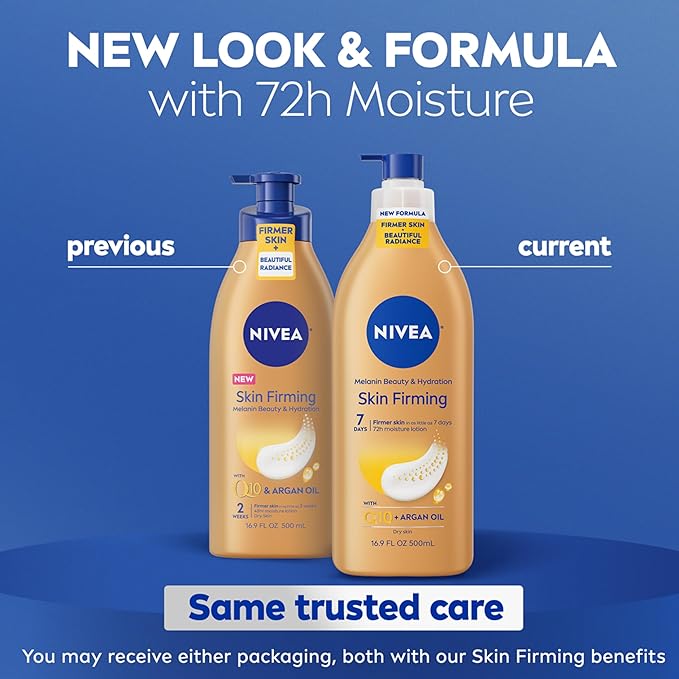 NIVEA Skin Firming Melanin Beauty & Hydration Body Lotion with Q10 and Argan Oil,Firmer Skin in as Little As Seven Days,16.9 Fl Oz Pump Bottle,(Pack of 2)