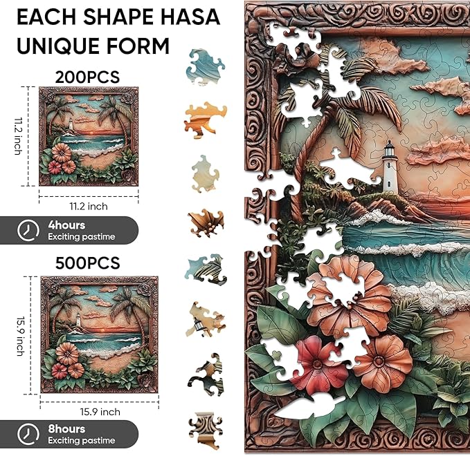 Ixfyloop Wooden Puzzle Puzzles, Lighthouse Wooden Puzzles for Adults, Sunset Beach Adult Puzzles 200pcs, Wood Jigsaw Puzzles Best Gift for Adults and Kids, Family Game 11.2x11.2 inch