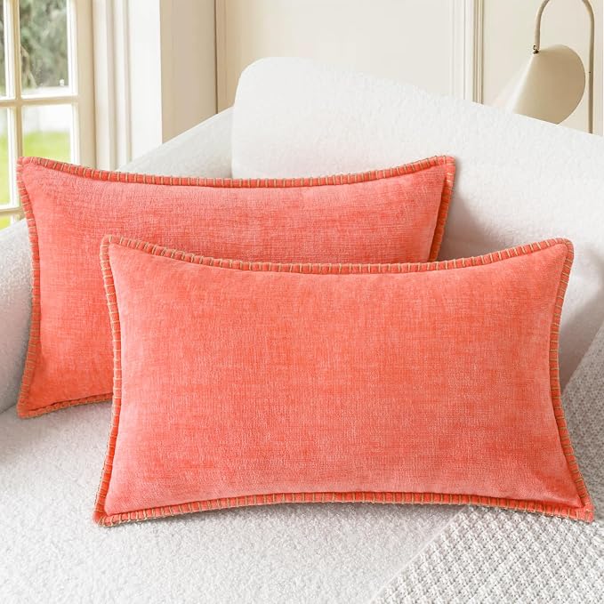 CaliTime Decorative Couch Throw Pillow Covers 20 X 12 Inches Living Coral | Pack of 2, Cozy Chenille Cushion Cases, Cotton Thread Stitching Edges, for Sofa Bed Living Room Farmhouse