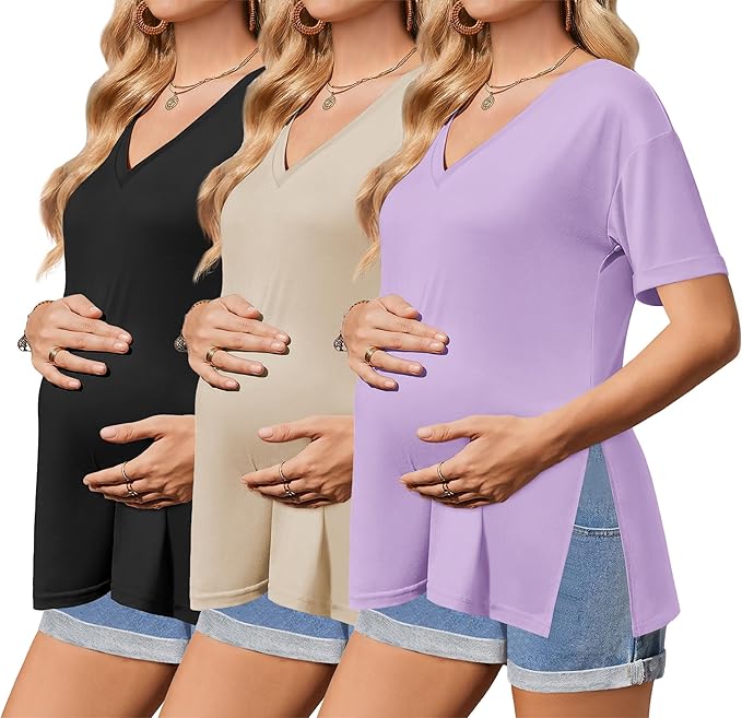 Ekouaer 3 Packs Women's Maternity Shirts V Neck Pregnancy Tops Short Sleeve Casual Workout Tees Side Split Mama Clothes