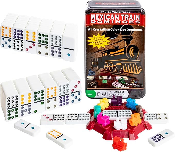Family Traditions Mexican Train Dominoes Tin, Crystalline Dominoes