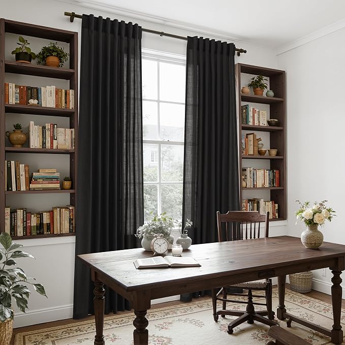 Nanspring Vintage Black Linen Curtains 96 Inches Long for Living Room Light Filtering Semi Sheer Curtain Back Tab Privacy Luxury Gothic Vintage Decor Drapes for Bedroom Office 52x96, 2 Panels