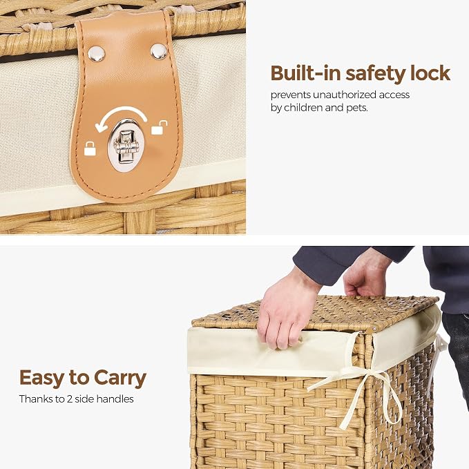 Wicker Storage Basket with Lid, 160L Shelf Basket with Removable Liner Bag | Rattan-Inspired Woven Design, Elevated Feet, Storage Trunk for Wardrobe, Bedroom & Home Organization