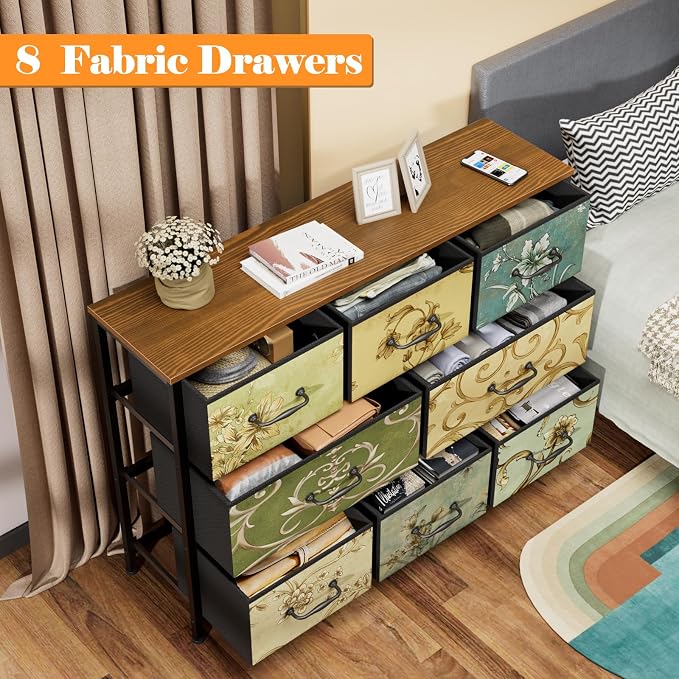 8 Drawer Dresser for Bedroom, Wide Vintage Fabric Chest of Drawers | Vintage Dresser for Closet, Fabric Storage Drawer Units, Retro Floral Dresser for Living Room, Hallway, Entryway, Wooden Top