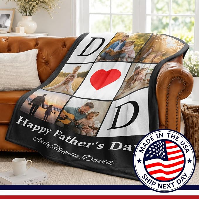 Fathers Day Birthday Gift for Dad Custom Blanket with 6 Photo & Text, Personalized Blankets with Picture to My Dad, HD Printing Customized Flannel Throw Blanket Gifts for Best Daddy Grandpa Ever