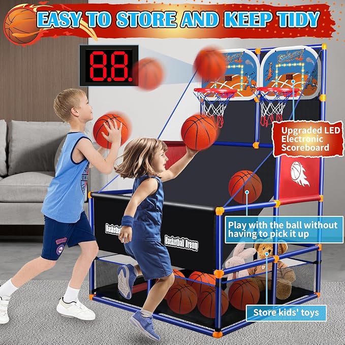 LED Arcade Basketball Game Set w/Electronic Scoreboard for Kids, Boy Toys Basketball Hoop with 4-5 Balls for 3-12 Years Old, Adjustable Height w/Pump & Storage Net for Indoor Outdoor Sports Play