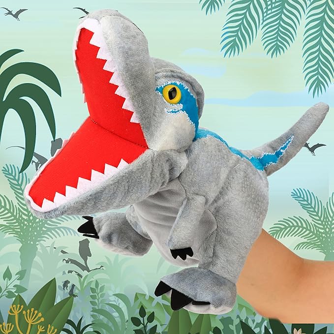 Cuteoy Plush Velociraptor Hand Puppet Stuffed Animal Toy Open Movable Mouth Creative Role Play Storytelling Dinosaur Plushies Gifts for Kids Toddlers Birthday Christmas