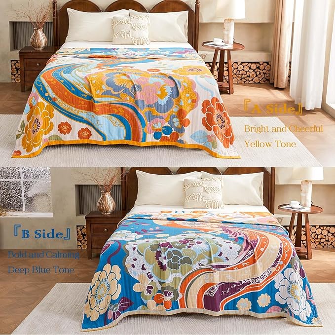 XIBLC Boho Throw Blanket, Lightweight Blankets for Summer, 100% Cotton Bohemian Decorative Throw Blanket, 60"x80" Reversible Muslin Breathable Woven Farmhouse Blankets Quilt,