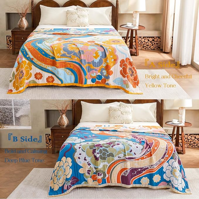 XIBLC Boho Throw Blanket, Lightweight Blankets for Summer, 100% Cotton Bohemian Decorative Throw Blanket, 90"x98" Reversible Muslin Breathable Woven Farmhouse Blankets Quilt,