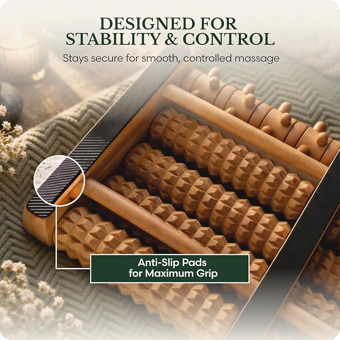 Brookstone Foot Massager Roller Plantar Fasciitis Pain Relief - Wooden Under Desk Feet Massage - Dual Manual Heel Massagers - Wood Rolling Acupressure Tool with Reflexology Guide - Gift for Men, Women