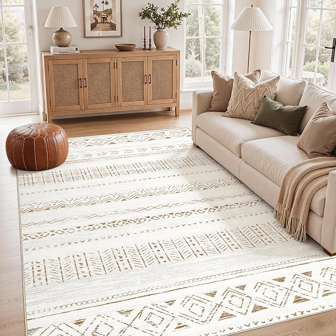 cotiled 5x8 Area Rugs Living Room Rug: Washable Boho Rugs with Non Slip Backing Large Soft Indoor Stain Resistant Carpet for Bedroom Farmhouse Dining Room Lightweight Home Decor L Brown/Cream