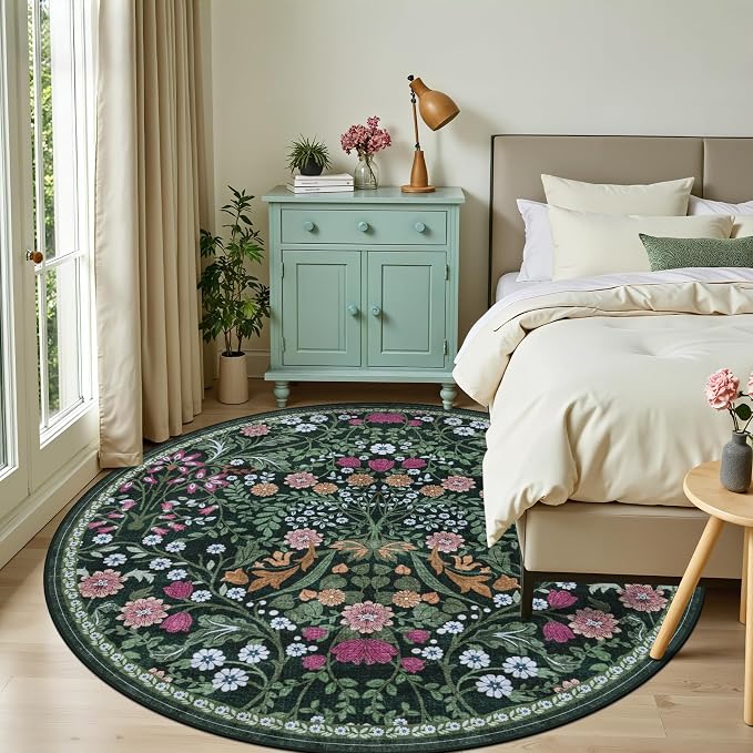 Round Area Rug for Living Room: 8 ft Floral Washable Circle Rug Soft Boho Non-Slip Carpet Indoor Floor Stain Resistant Low Pile Small Circular Rug for Bedroom Entryway Kitchen Nursery Dark Green