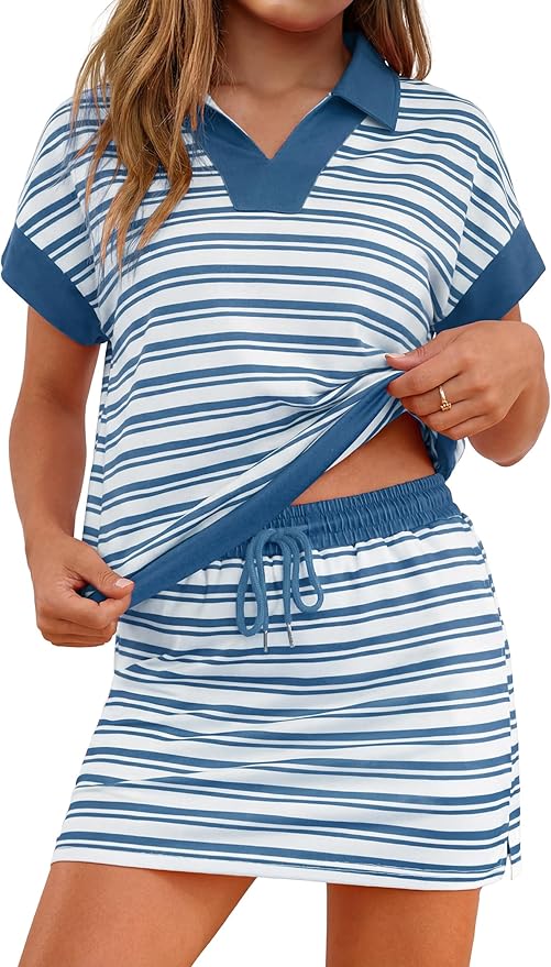 Womens Striped 2 Piece Outfits Skirt Set Summer Casual Short Sleeve Polo Skort Workout Set Matching Lounge Sets