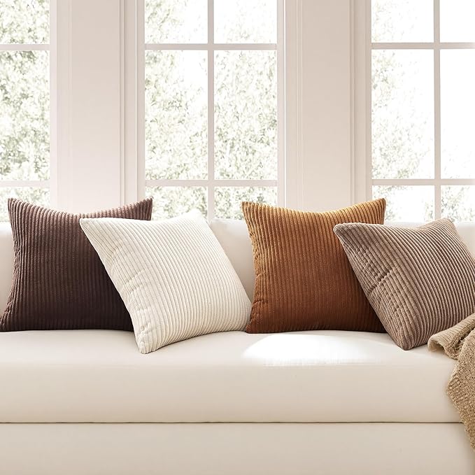 Topfinel 24 by 24 Gold Brown Gradient Farmhouse Pillow Case Pillow Covers Set of 4 Rustic Modern Soft Corduroy Striped Decorative Cushion Cover for Sofa Couch Living Room Bedroom
