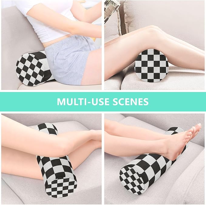 Checkered Black Neck Roll Pillow Bolster Round Health Memory Foam Long Cervical Cylinder Pillows with Removable Washable Cover for Body Bed Legs Back Yoga