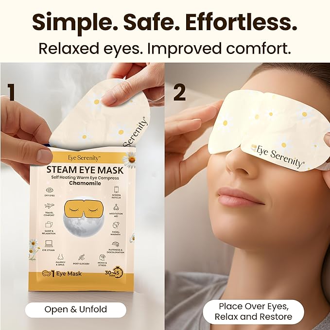 Eye Serenity Steam Eye Mask, Heated Eye Mask, Self Heating Warm Compress for Dry Eyes, Fast Relief for Stye, Puffy Sensitive Eyes, Moist Heat, Mothers Day Gifts for Women and Men - Chamomile