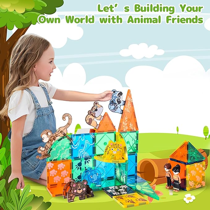 Magnetic Tiles Animals Jungle Gifts Building Sets,Toddler Toys for Kids Ages 4-8,Forest Montessori Magnet Tiles Set, Safari Zoo Animal Toys,STEM Construction Blocks for Toddlers 3-5