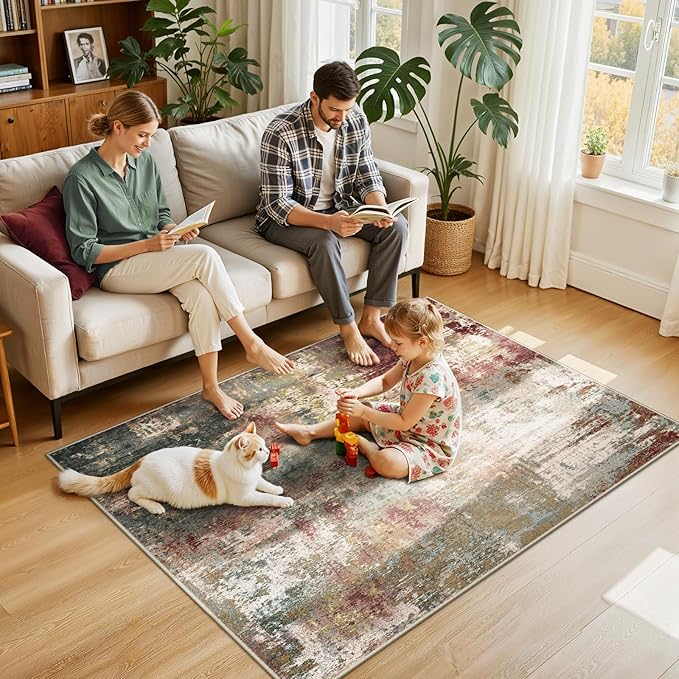 RELEANY Washable 4'x6' Abstract Area Rug for Living Room Rustic Brown | carpet for bedroom, kitchen, office, hallway and entryway, printed pattern, non-slip, soft, stain-resistant, easy to clean