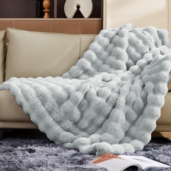 Luxury 1000GSM Faux Rabbit Fur Throw Blanket, Super Heavy Warm Cozy Grey Blankets for Couch Bed Sofa, Ruched Plush Fuzzy Elegant Soft Reversible Mink Blanket for Living Room Bedroom