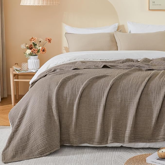 EMME Cotton Muslin Twin XL Blanket Breathable Gauze Soft Lightweight Blankets Adults Gifts for Women (Heather Brown, 66"x90")