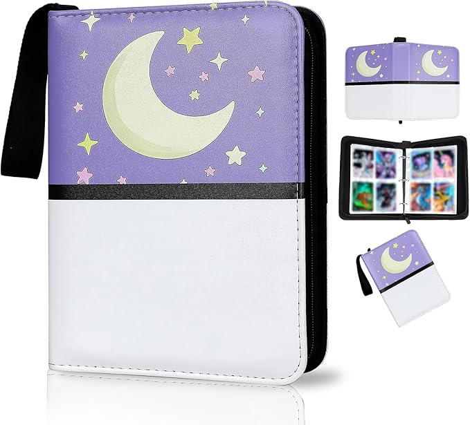Collectible Trading Card Albums,4 Pocket Card Binder, 400 Double Sided Pocket,PU Premium Zip Trading Card Binder for TCG, MTG,Sports Cards (Purple White)