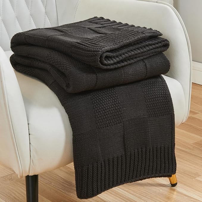 CozeCube Jet Black Knitted Checkered Throw Blanket 60"X80" | Check Knit Throw for Couch, Decorative Christmas Soft Cozy Warm Blanket for Bed Sofa Living Room
