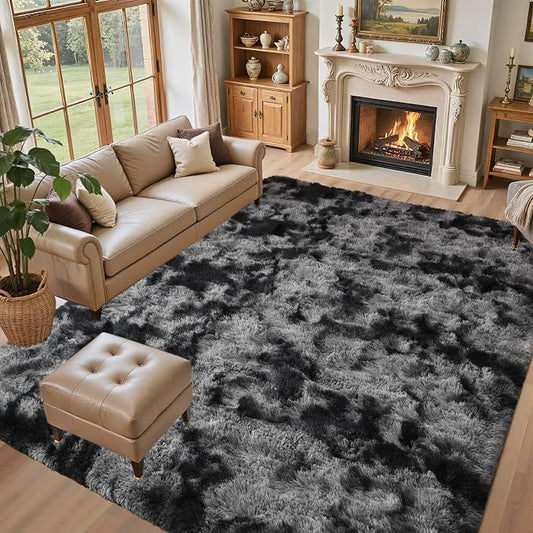 5x8 Black Grey Rugs for Living Room Fluffy Area Rug, Super Fuzzy Fur Bedroom Carpet for Boys Dorm Office Nursery Modern Home Decor