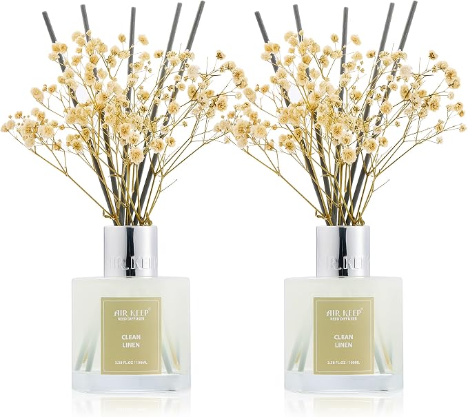 Airkeep Reed Diffuser 3.38 oz (100ml) 2pk, Clean Linen Scented Reed Diffuser Set,Reed Diffuser & Oil Diffuser Sticks, Aromatherapy, Airkeep Reed Diffuser Set Box 2-Clean Linen