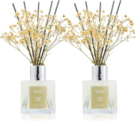 Airkeep Reed Diffuser 3.38 oz (100ml) 2pk, Clean Linen Scented Reed Diffuser Set,Reed Diffuser & Oil Diffuser Sticks, Aromatherapy, Airkeep Reed Diffuser Set Box 2-Clean Linen