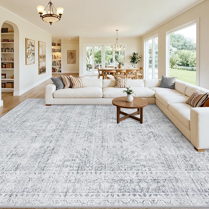 Area Rugs 9x12 Living Room: Vintage Boho Neutral Washable Rug Indoor Soft Large Area Rug Carpet for Bedroom Nursery Farmhouse Dining Room Office Floor Non-Slip Low Pile Under Table Rug Gray