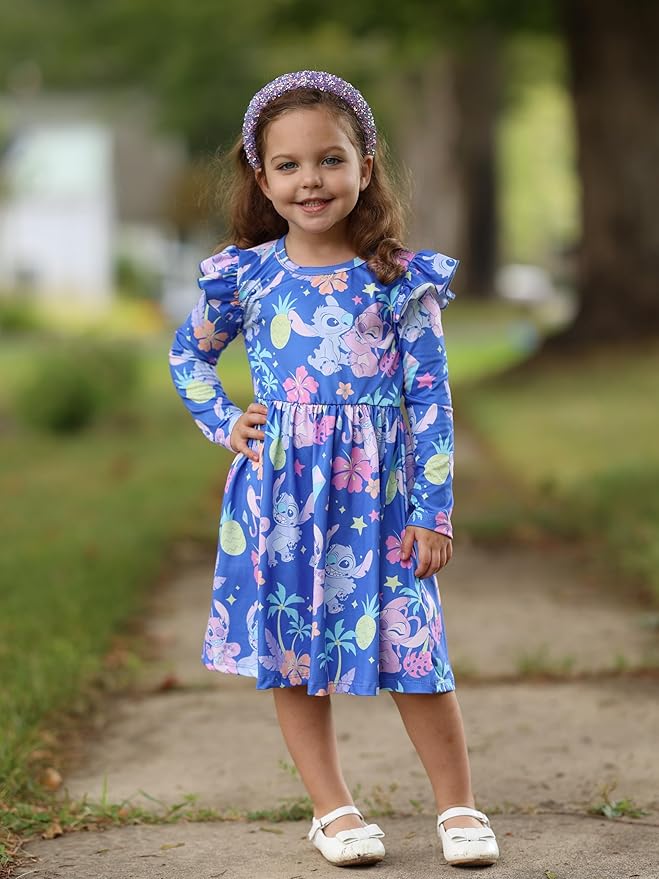 Disney Frozen Elsa Stitch Princess Minnie Mouse Toddler Girl Dresses 2 Pack Ruffle Long Sleeve Dress Set (3 Months - 6 Years)