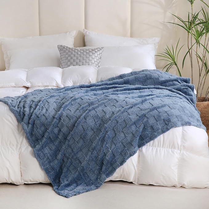 Dusty Blue Fleece Throw Blanket 50”×60”Checkered Design for Couch | Super Soft Cozy Plush Microfiber 3D Square Pattern Flannel Blanket for Sofa Bed Lightweight for Adults,Women