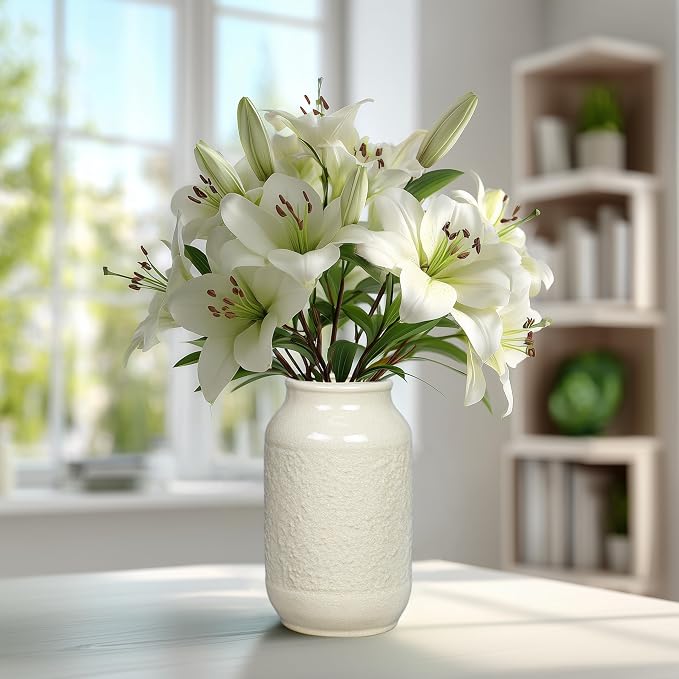 White Ceramic Vase for Flowers, 9 Inch Modern Decorative Vase for Home Decor, Centerpieces, Table, Living Room, Bathroom, Kitchen, Jarrones Decorativos para Sala