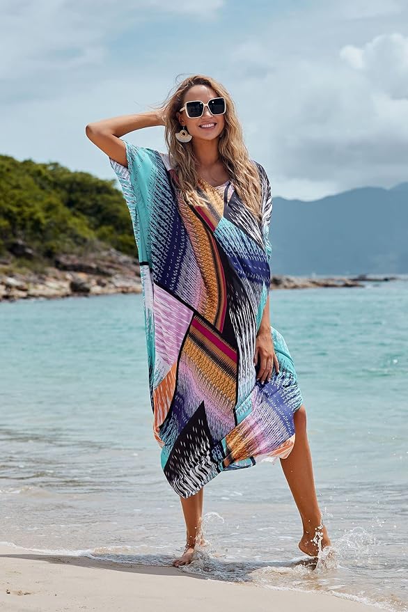 Venasha Womens Caftan Floral Print Kaftan Dress Short Sleeve Swimsuit Cover up Loungewear for Summer
