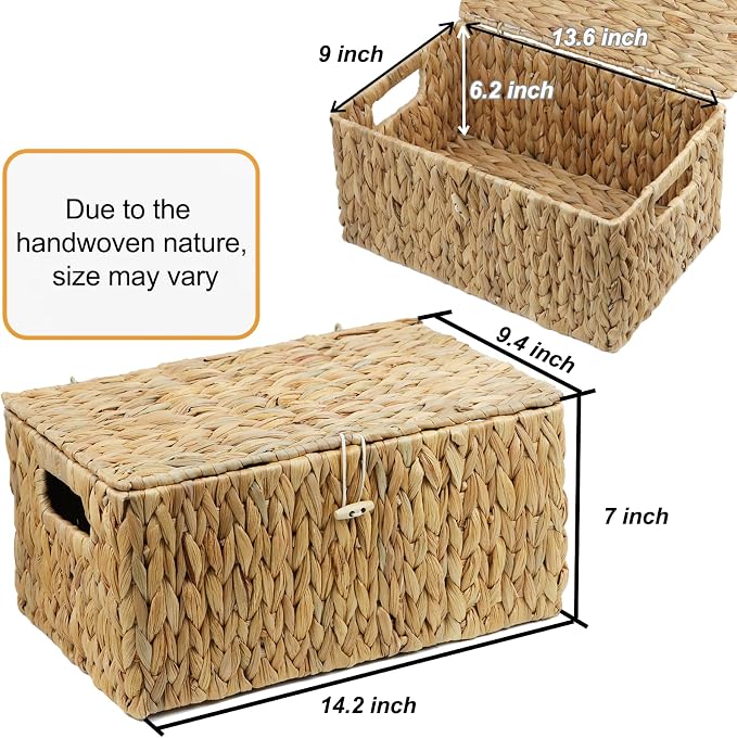 ORDELITE Water Hyacinth Wicker Storage Basket with Lid, Large | Rectangular Storage Box, Shelf Organizer Bin, Woven Home Storage, Multipurpose Design, Natural Decor