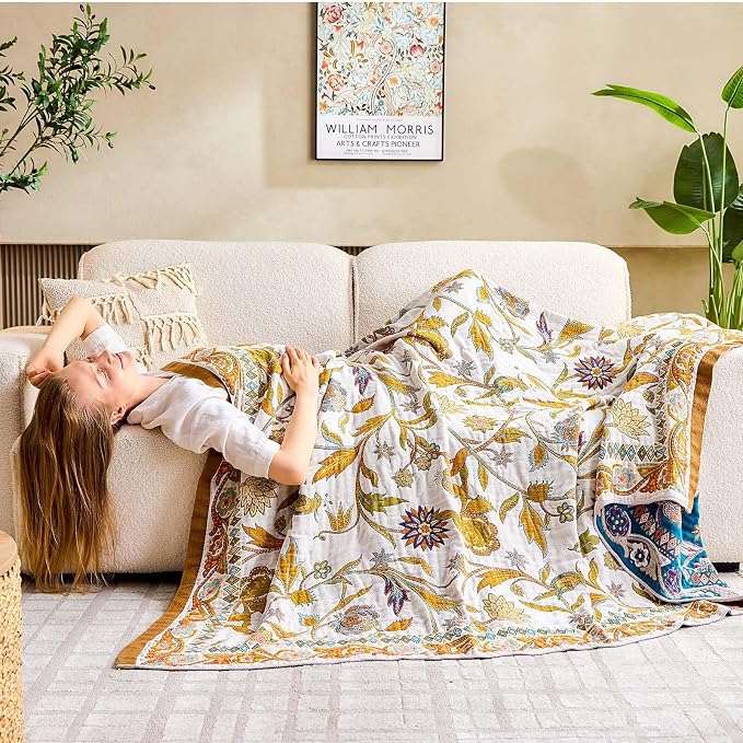 XIBLC Fall Throw Blanket for Couch, Brown Boho Decorative Throw Blanket, 100% Cotton Muslin Breathable Woven Farmhouse Blankets Quilt, 60"x80" Reversible Lightweight Blankets Bohemian Throw Quilt