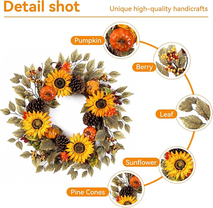20" Fall Wreath Front Door Pumpkin Sunflower Pine Cones Artificial Wall Decor Farmhouse Autumn Wreath Thanksgiving Home Porch Outdoor Indoor Holiday Harvest Decor