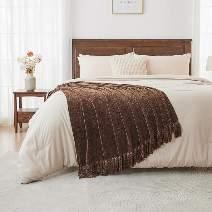 CozeCube Chenille Throw Blanket, Dark Brown Fringe Blanket, 60"X80" | For Couch, Cozy Plush Fuzzy Decorative Blanket with Fringe Tassels, Lightweight Throws for Bed Sofa Gift Home Decor
