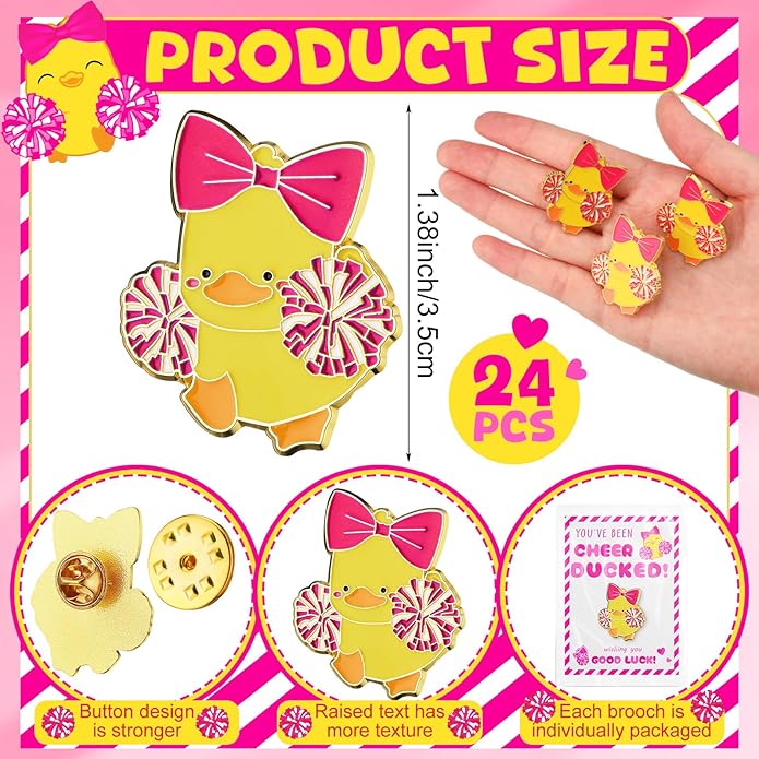 Quelay 24 Pack Cheer Team Gifts Bulk Cheerleader Duck Pins Brooches You've Been Cheer Ducked Tags Team Inspirational Gift Accessories for Teammates