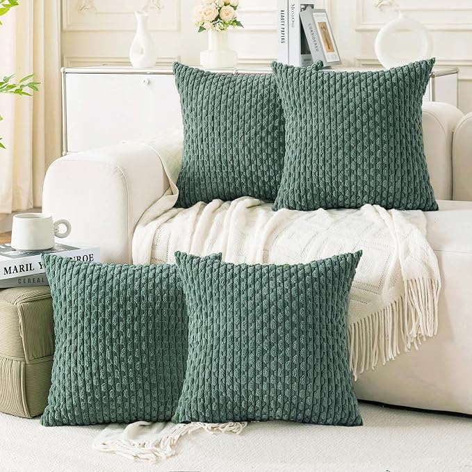 Set of 4 Teal Green Decorative Throw Pillow Covers 24x24 Inch Corduroy Pillow Covers for Bed Couch Sofa Living Room Soft Square Cushion Cases