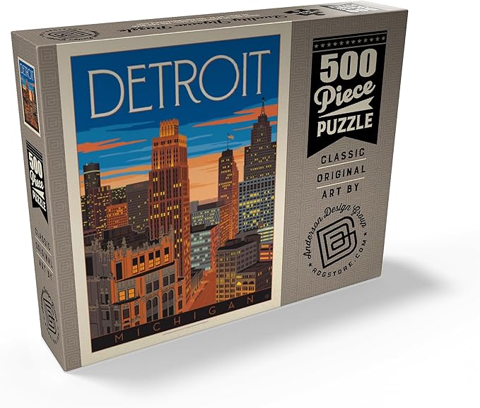 MyPuzzle Detroit, MI: Skyline, Vintage Poster - Premium 500 Piece Jigsaw Puzzle for Adults