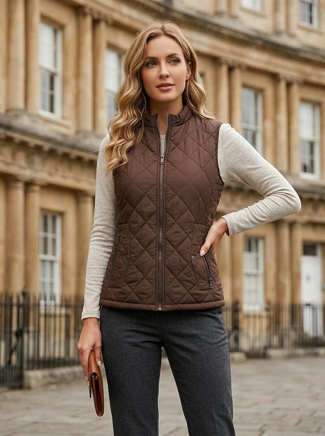 Fuinloth Women's Quilted Vest Lightweight Puffer Stand Collar Zip Gilet | 4 pockets with 2 inner storage. Quilted padded warm gilet. Fall winter outerwear layering vest for travel hiking daily wear.