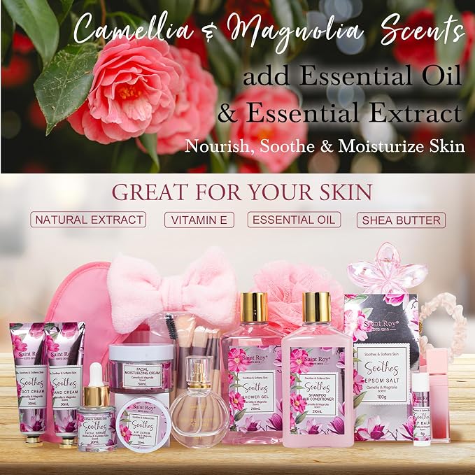 27 Pcs Spa Day Gifts Basket for Women, Camellia Magnolia Bath and Body Gift | Facial Skin Care Set, Self Care Pampering Kit, Face Serum, Lip Care, Home Spa, Birthday Mother Day, Bridal Shower Beauty Care