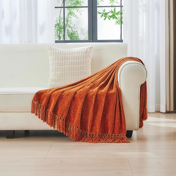 CozeCube Chenille Throw Blanket, Rust Orange Fringe Blanket, 60"X80" | For Couch, Cozy Plush Fuzzy Decorative Blanket with Fringe Tassels, Lightweight Throws for Bed Sofa Gift Home Decor