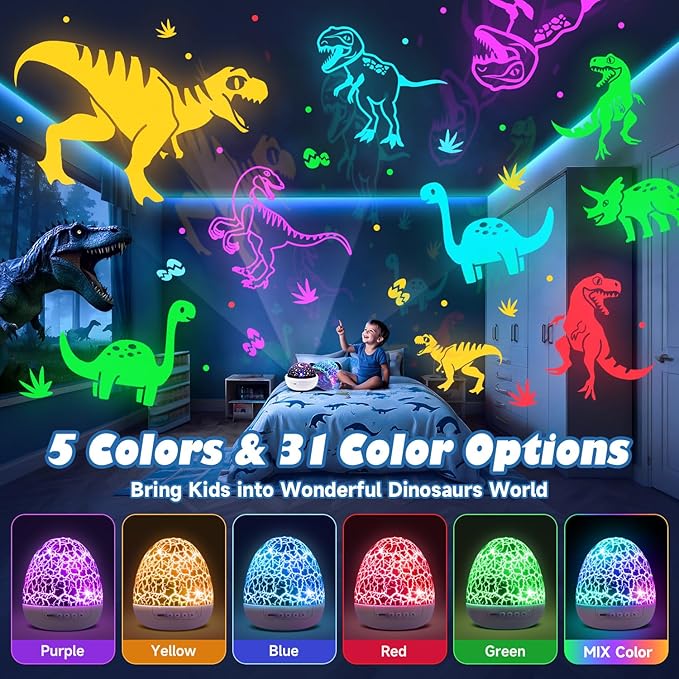 PIKOY Dinosaur Toys for Kids 3-5 Easter Gifts for Kids Toys Night Light Projector Dinosaur Eggs Easter Eggs | 15 Sounds & 3D Films | 31Colors & Remote Control | Boy Toys, Boys Room Decor