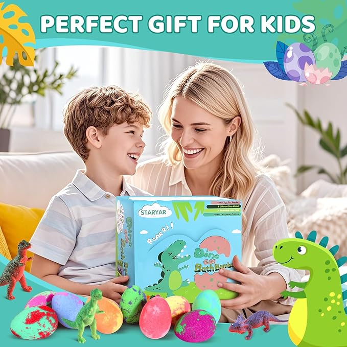 Bath Bombs for Kids with Surprise Toys Inside - 9 Pack Dinosaur Bath Bombs Gift Set, Dinosaur Toys for Kids 3 4 5 6 7 8 9 Years, Valentines Day Gifts for Kids, Easter Gifts Bubble Bath Fizzes