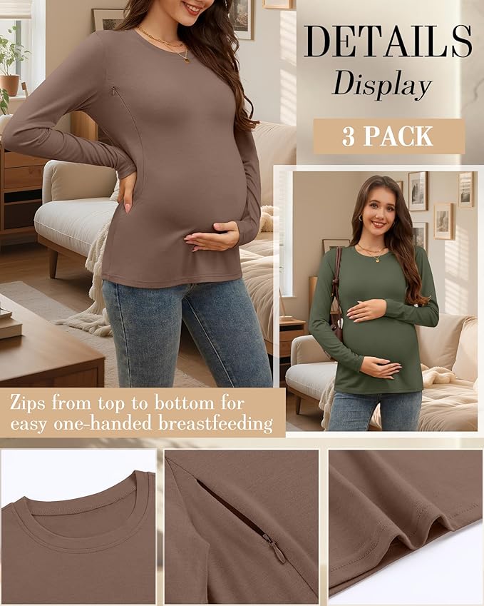 3 Pack Nursing Tops for Breastfeeding Maternity Shirts Zipper Long Sleeve Round Neck Knit Casual Nursing Clothes