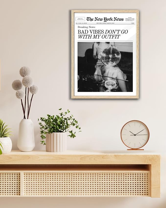 EcoHest 12x16 in Bad Vibes Don't Go With My Outfit Canvas Art | Unframed Canvas Print, Disco Fashion Newspaper Wall Decor for Bedroom, Apartment, Dorm Room, College Room, 1Pack