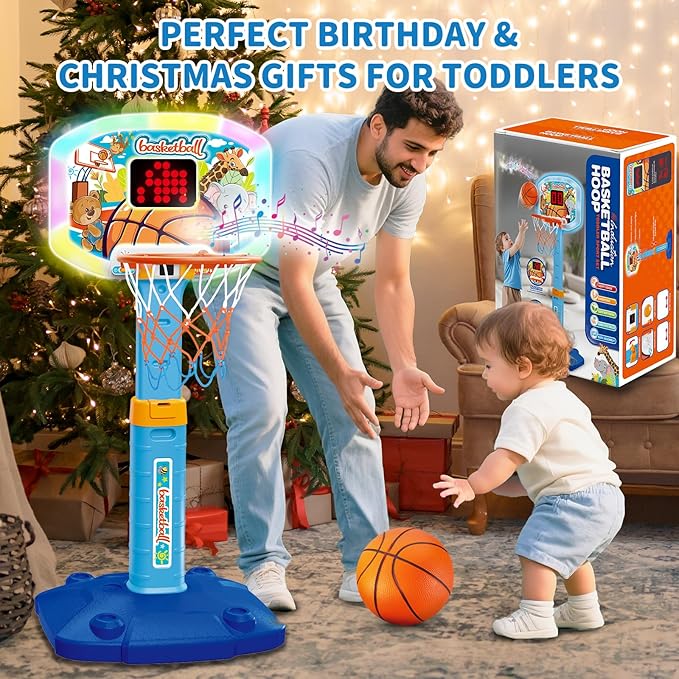 Toddler Basketball Hoop Indoor for Age 1 2 3, Adjustable Kids Basketball Hoops with Light Sound, Mini Basketball Hoop with 3 Balls, Birthday Christmas Sport Toys Gift for Baby 12-18 Months
